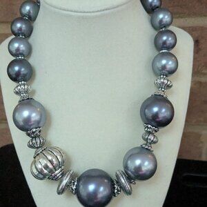 Faux Pearl Necklace, Silver Statement Beaded Necklace, Bold Silver Bead Jewelry